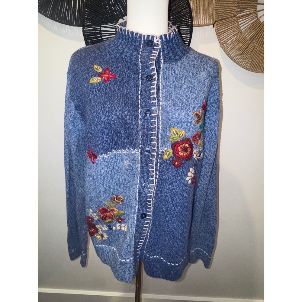 ERIKA Blue Patchwork Embroidered Floral Button‎ Front Cardigan Sweater Womens L